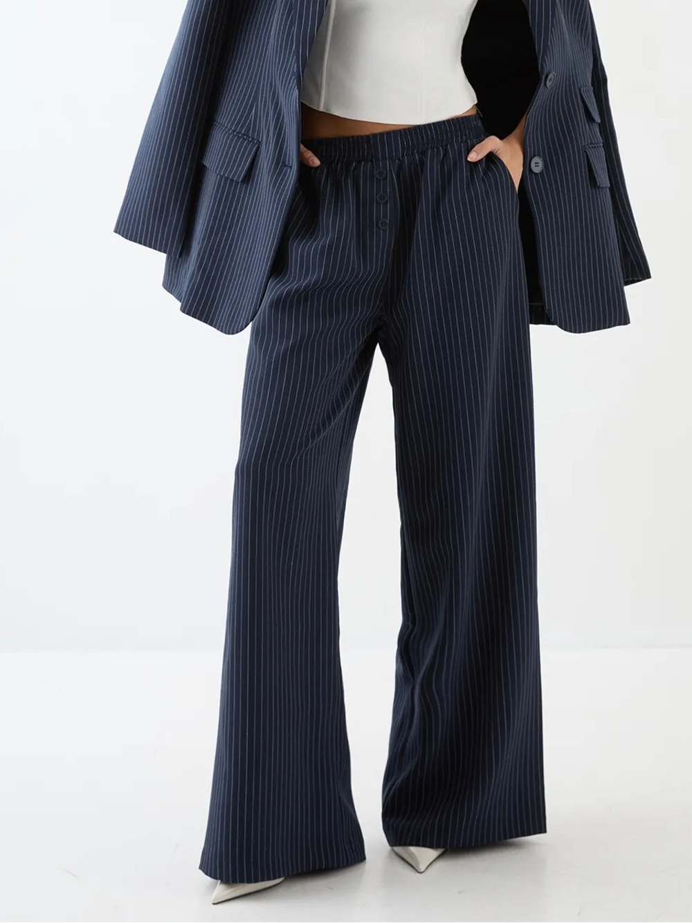 Nasty Gal Women 20 Pinstripe Button Front Detail Wide Leg Tailored Trouser NWT